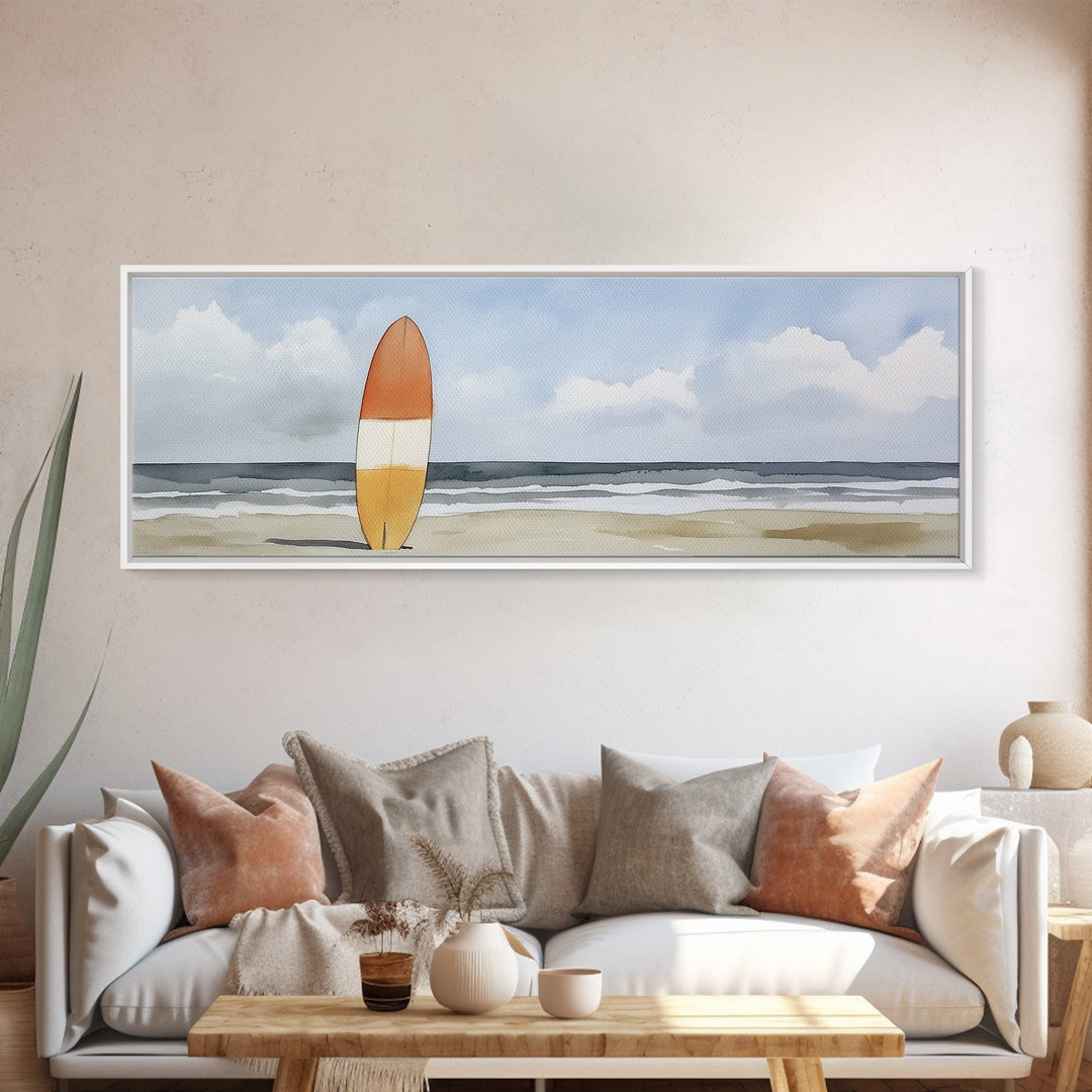 Orange Surfboard On Misty Beach Wall Art, Framed Canvas Print, Coastal Wall Decor, Surf Poster For Beach House Decor Living Room Art