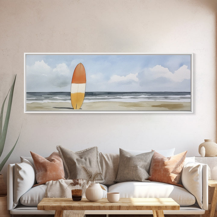 Orange Surfboard On Misty Beach Wall Art, Framed Canvas Print, Coastal Wall Decor, Surf Poster For Beach House Decor Living Room Art