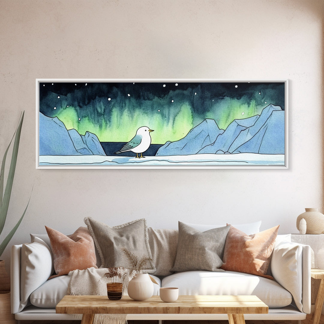 Seagull Under Aurora Mountains Wall Art, Panoramic Canvas Print, Coastal Bird Art, Nautical Nursery Decor, Ocean Gift For Her