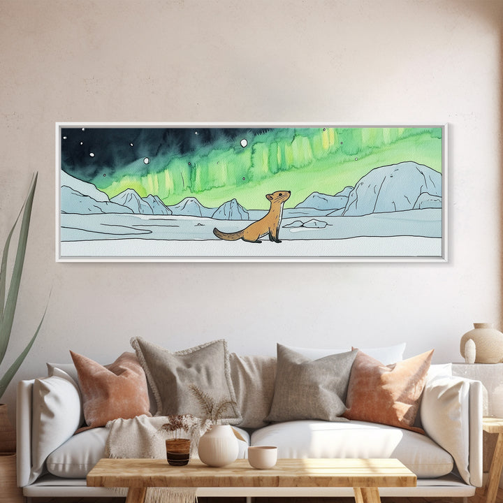 Playful Arctic Weasel Under Aurora Wall Art, Framed Canvas Print, Wildlife Wall Decor, Whimsical Nursery Art Gift For Kids Room