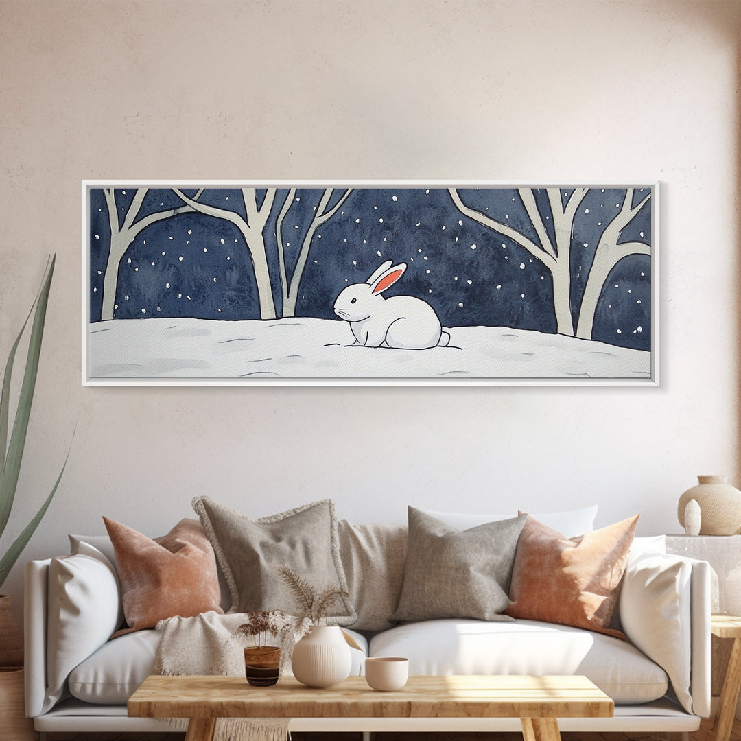 White Rabbit In Snowy Forest Wall Art, Framed Canvas Print, Woodland Nursery Decor, Whimsical Animal Art For Kids Room Gift