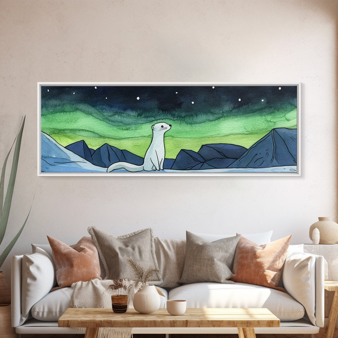 White Arctic Ermine Aurora Mountains Wall Art, Panoramic Canvas Print, Wildlife Wall Decor, Winter Nursery Art For Kids Room