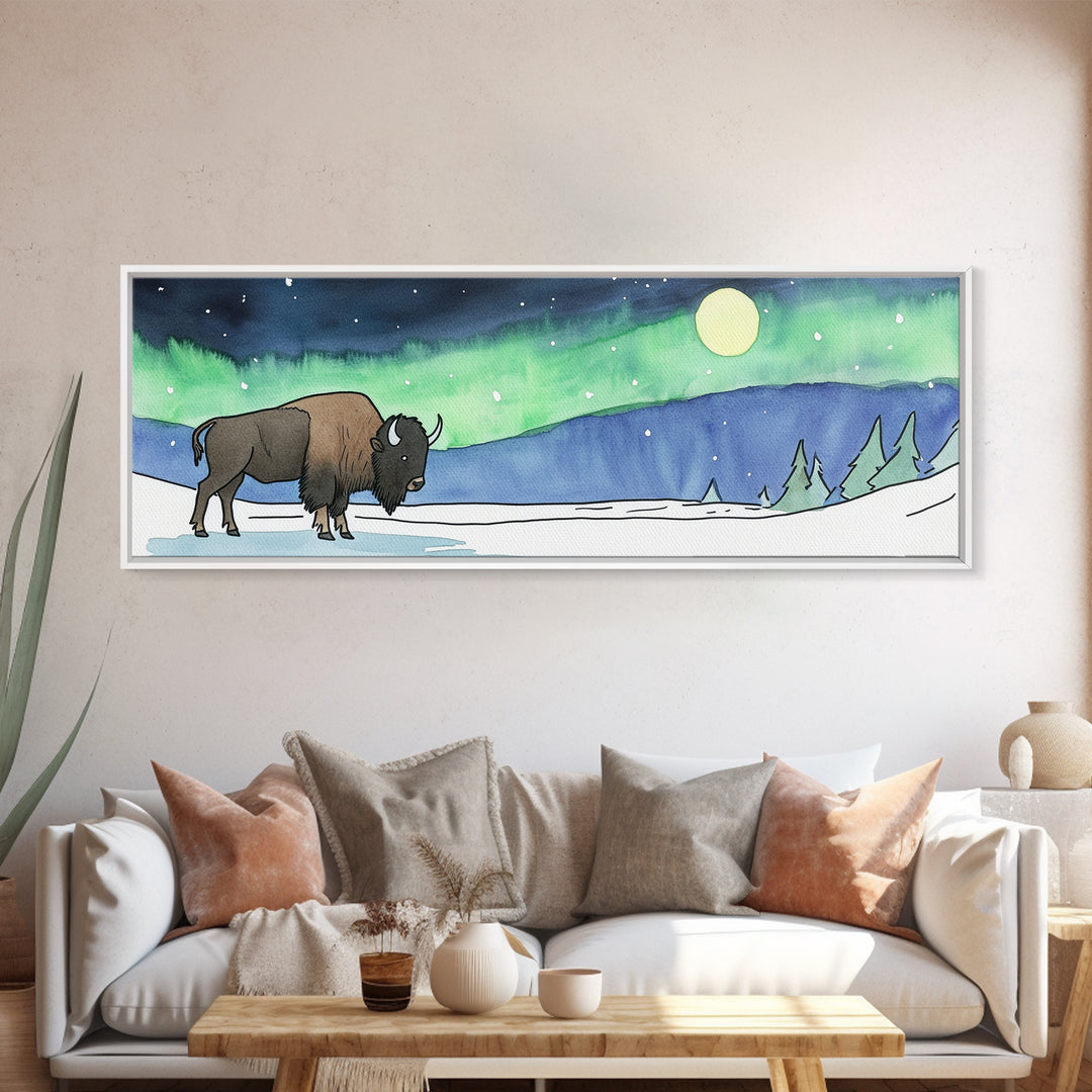 Snowy Bison Under Aurora Moon Wall Art, Wildlife Framed Canvas Print, Rustic Lodge Decor, Winter Landscape Art, Cabin Gift