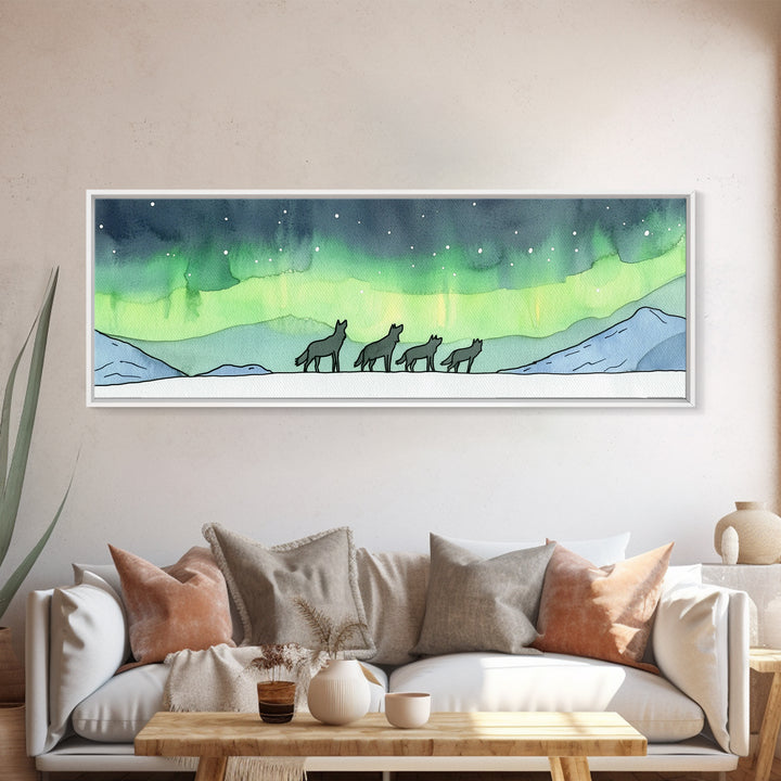 Howling Wolves Beneath Northern Lights Wall Art, Wildlife Canvas Print, Winter Mountain Decor, Aurora Landscape Print, Cabin Art