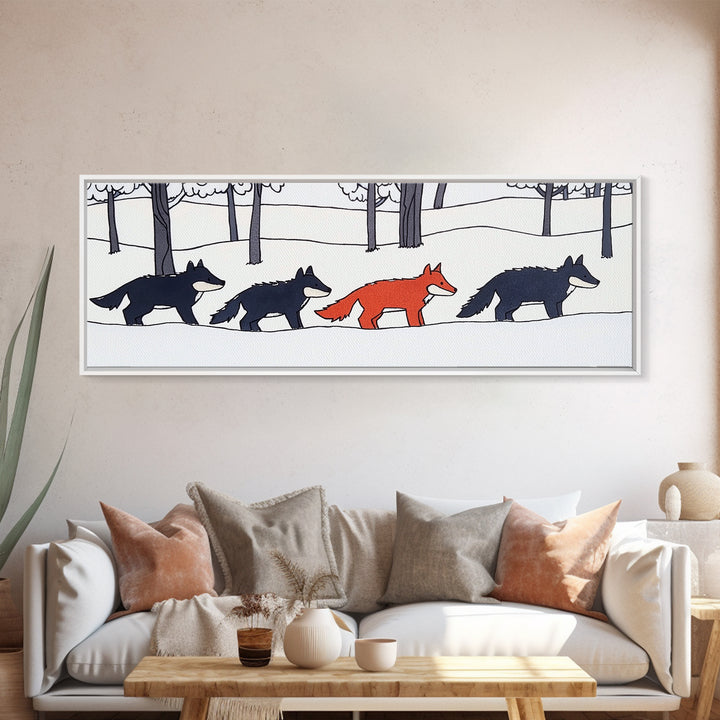 Red Fox Walking With Black Wolves Wall Art, Woodland Animal Canvas Print, Snowy Forest Nursery Decor, Whimsical Wildlife Art