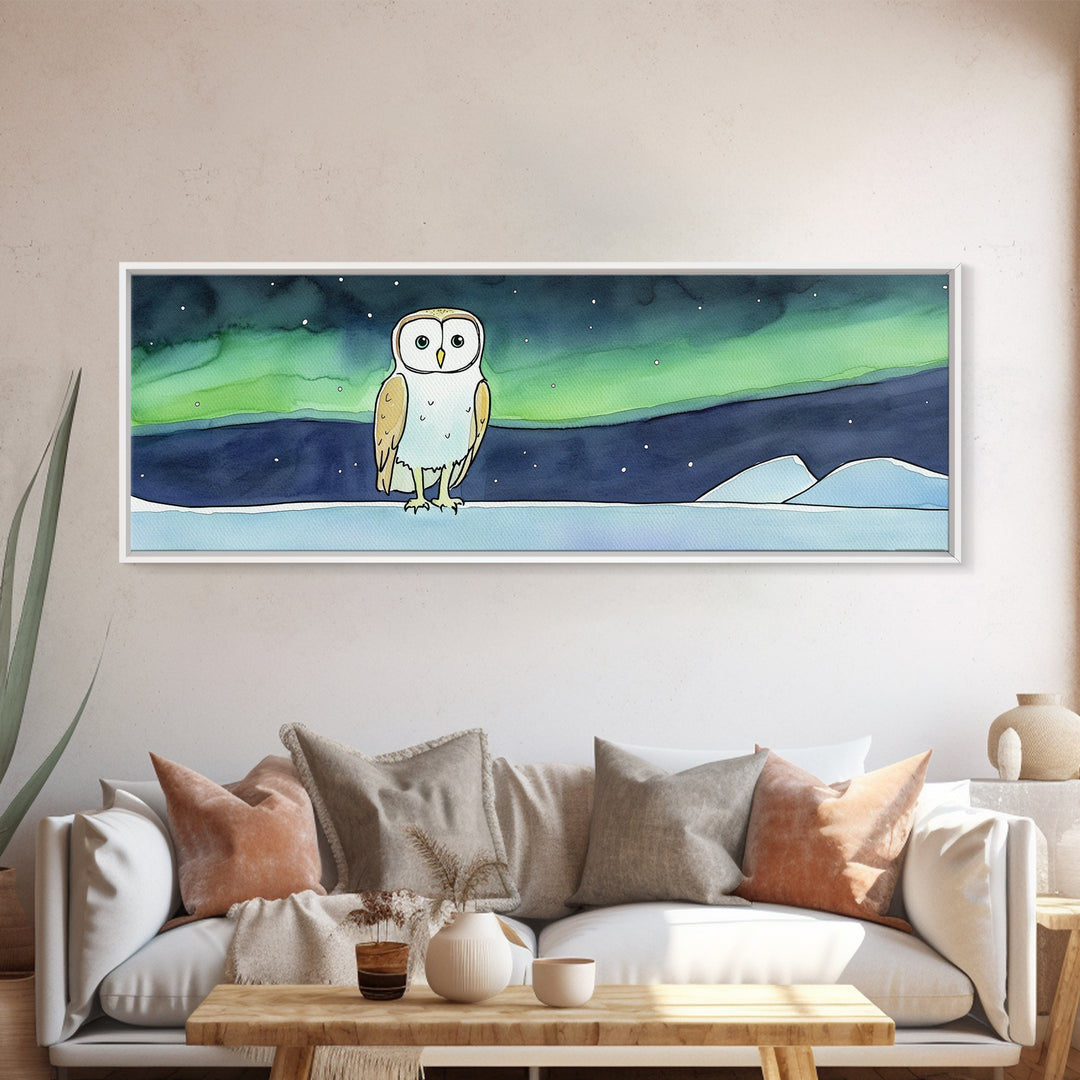 Whimsical Barn Owl Under Aurora Wall Art, Arctic Night Canvas Print, Nursery Decor, Celestial Kids Room Gift, Bedroom Decor