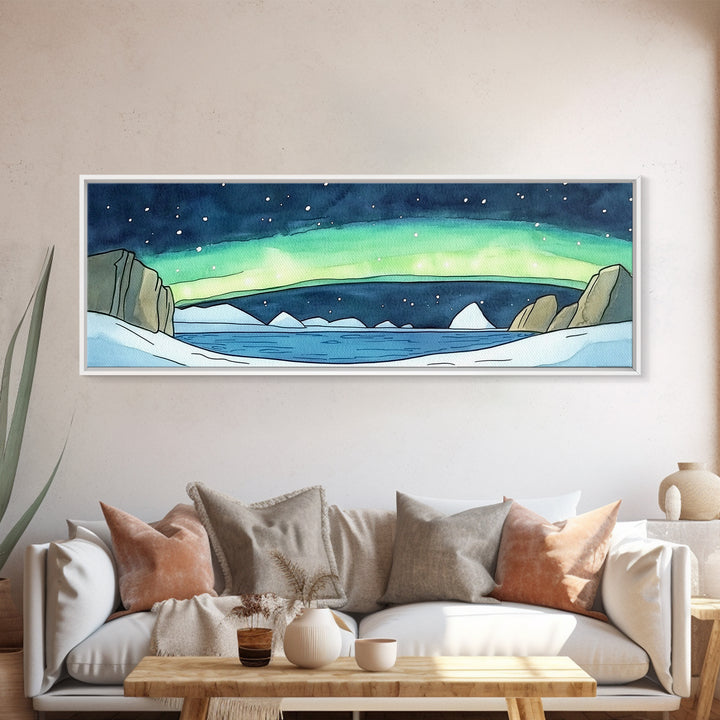 Arctic Aurora Over Icy Sea Wall Art, Northern Lights Landscape Canvas Print, Panoramic Coastal Decor, Statement Artwork Gift