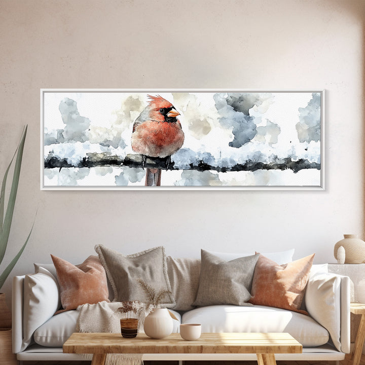 Snowy Red Cardinal On Fence Framed Canvas Print, Winter Bird Wall Art, Rustic Farmhouse Home Decor, Christmas Gift For Her