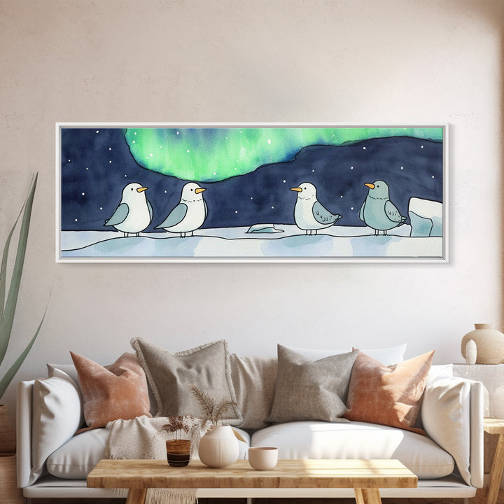 Penguins Under Northern Lights Canvas Print, Arctic Bird Wall Art, Winter Nursery Decor, Celestial Christmas Gift For Her