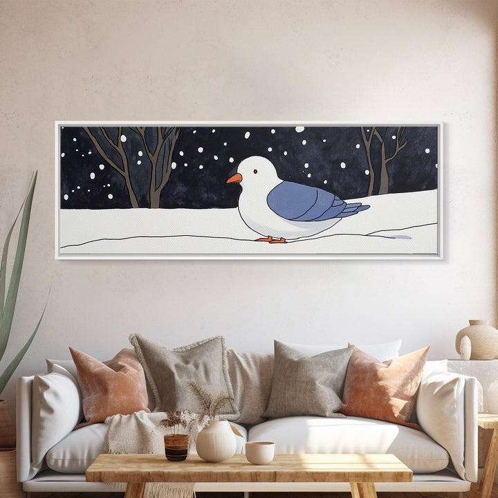 Snowy White Bird In Winter Forest Wall Art, Cozy Nursery Decor, Scandinavian Nature Print, Minimalist Bedroom Poster Gift