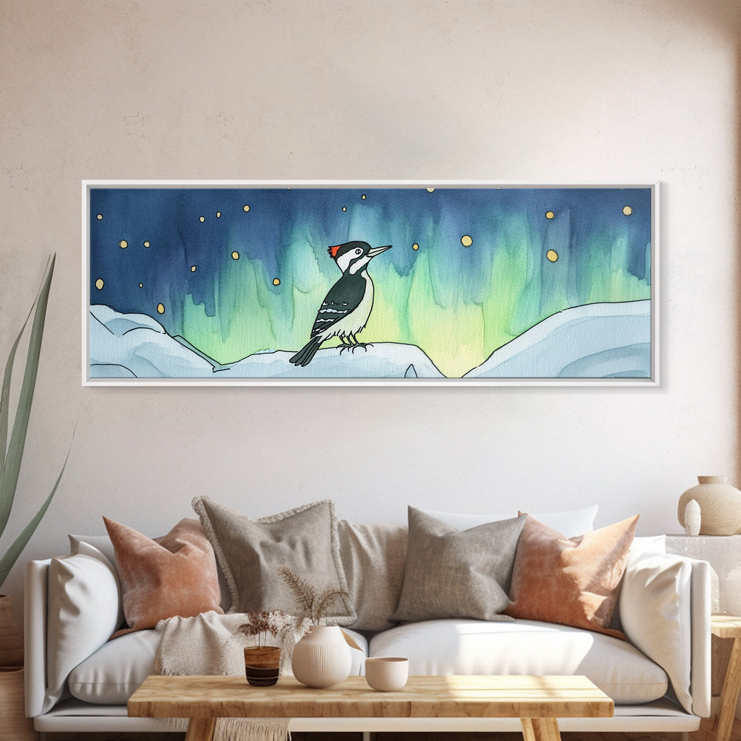 Aurora Woodpecker On Snowy Branch Canvas Print, Nordic Bird Wall Decor, Wildlife Art Print, Winter Nursery Decor Gift For Bird Lovers