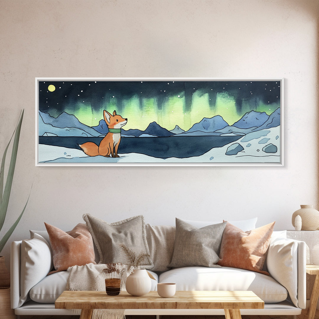 Fox Under Northern Lights By Mountain Lake Wall Art, Winter Landscape Print, Woodland Animal Decor, Cozy Cabin Gift For Nature Lovers