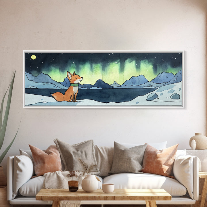 Fox Under Northern Lights By Mountain Lake Wall Art, Winter Landscape Print, Woodland Animal Decor, Cozy Cabin Gift For Nature Lovers