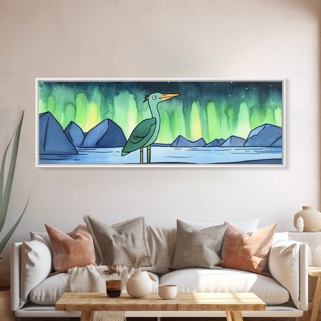 Green Heron Beneath Northern Lights Canvas Print, Arctic Lake Landscape Wall Decor, Japandi Bird Art, Modern Nursery Gift