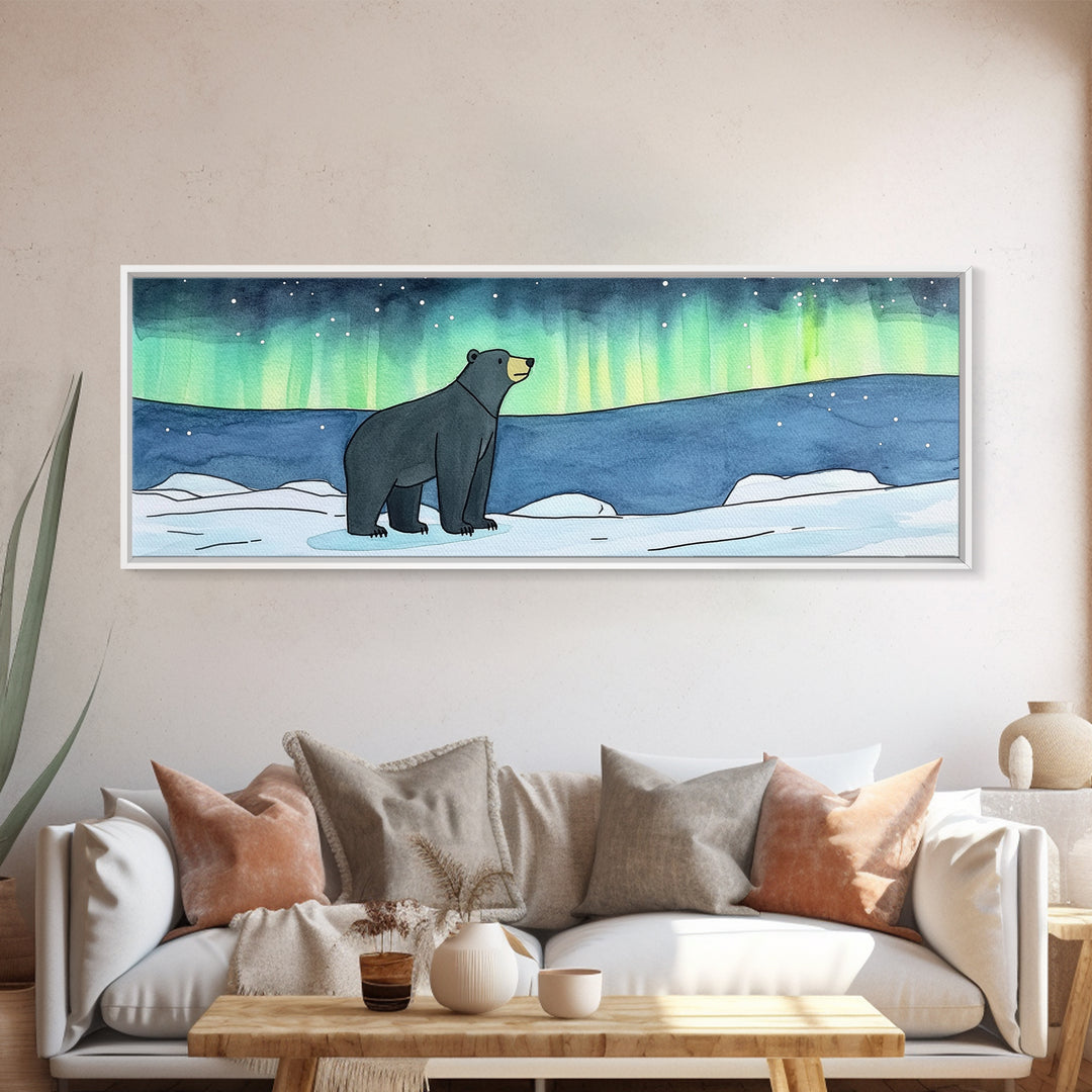 Polar Bear Under Northern Lights Wall Art, Arctic Wildlife Print, Winter Nursery Decor, Blue Green Landscape Gift For Cabin Decor
