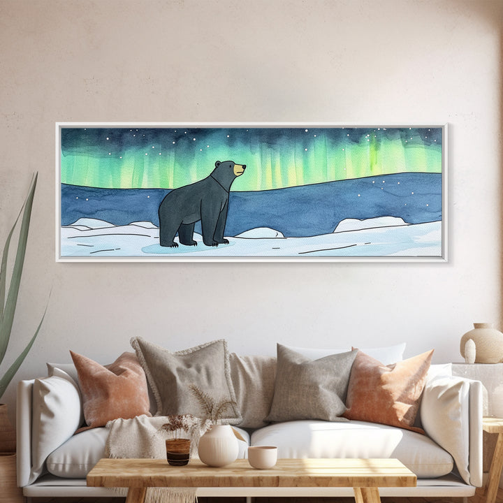 Polar Bear Under Northern Lights Wall Art, Arctic Wildlife Print, Winter Nursery Decor, Blue Green Landscape Gift For Cabin Decor
