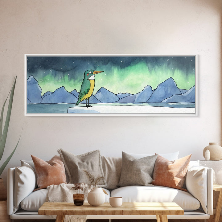 Green Kingfisher Under Northern Lights Wall Art, Arctic Bird Canvas Print, Wildlife Nursery Decor, Mountain Lake Art Print