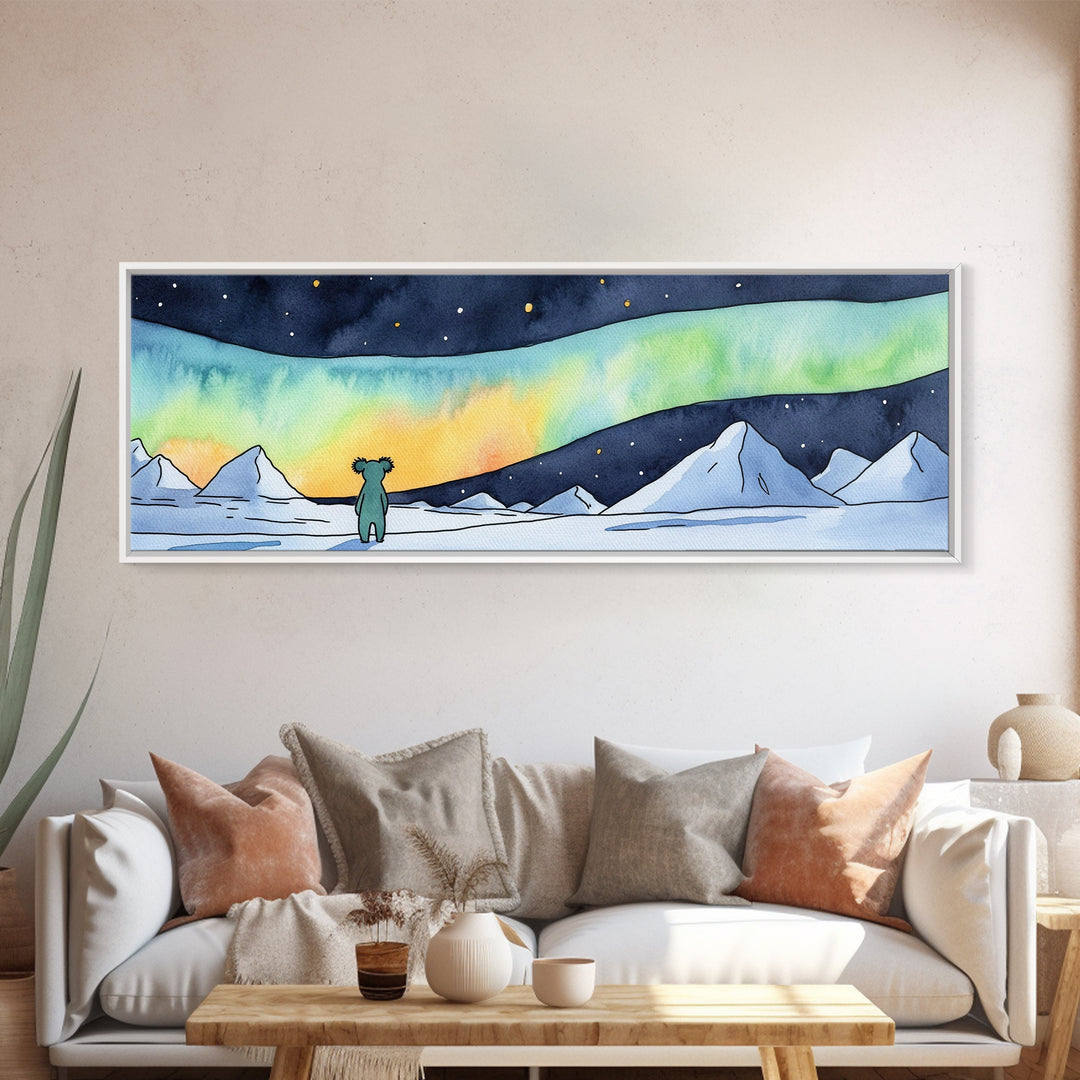Tiny Bear Watching Aurora Canvas Print, Northern Lights Wall Art, Arctic Nursery Decor, Whimsical Winter Landscape Art Print