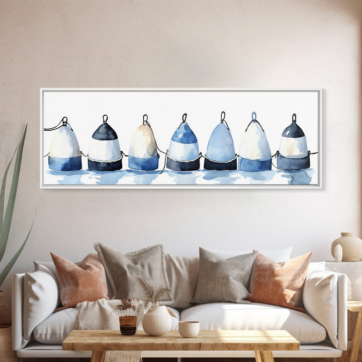 Blue And White Fishing Buoys Wall Art, Nautical Canvas Print, Coastal Bathroom Decor, Beach House Gallery Print, Ocean Wall Decor