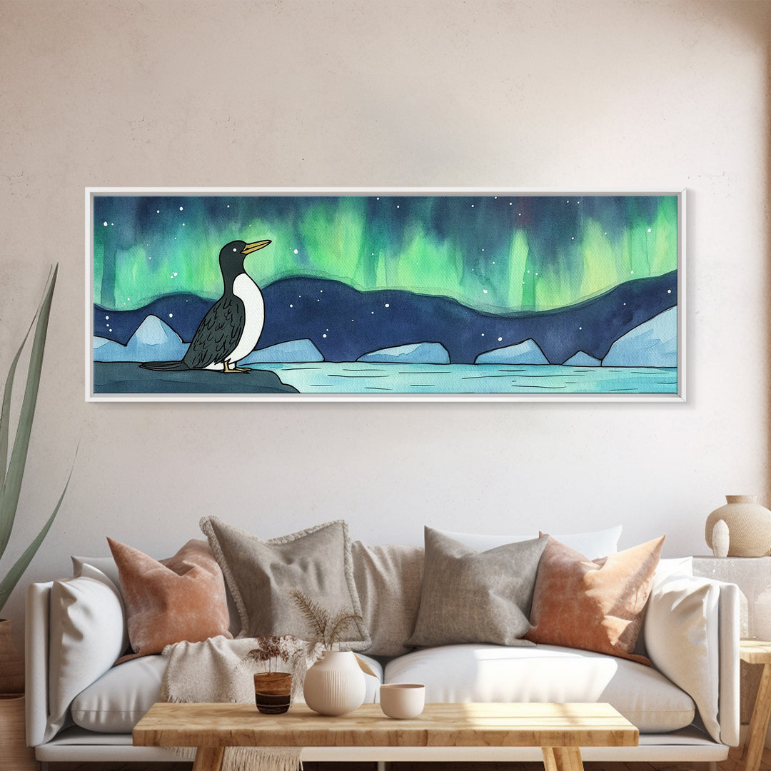 Penguin Under Northern Lights Wall Art, Arctic Bird Canvas Print, Whimsical Nursery Decor, Winter Ocean Landscape Art Print