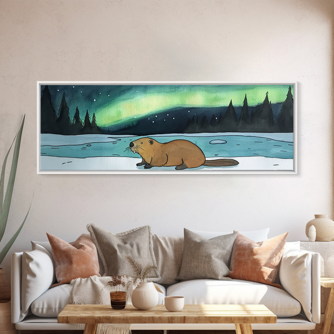 Beaver By Frozen Lake Wall Art, Northern Lights Canvas Print, Woodland Animal Decor, Rustic Cabin Winter Landscape Art Print