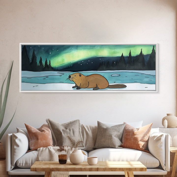 Beaver By Frozen Lake Wall Art, Northern Lights Canvas Print, Woodland Animal Decor, Rustic Cabin Winter Landscape Art Print