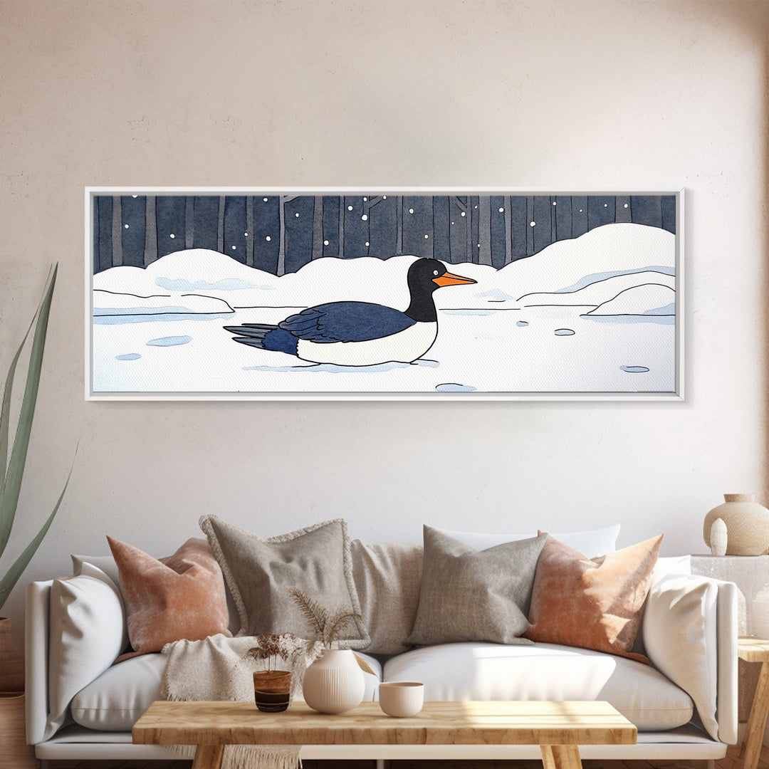 Black And White Duck In Snow Wall Art, Winter Bird Canvas Print, Minimalist Nursery Decor, Cozy Lake House Wildlife Art Print