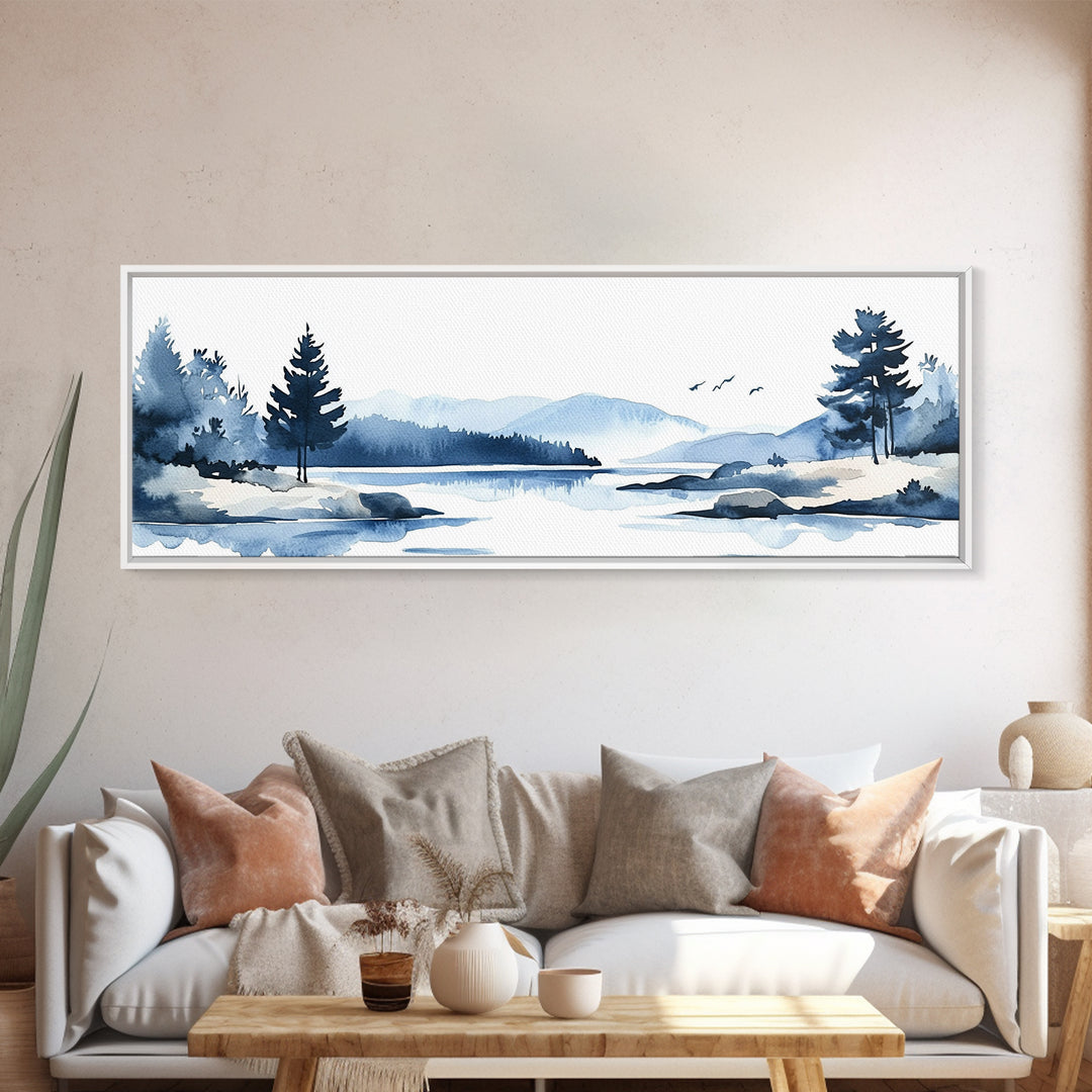 Blue Winter Lake And Pine Trees Wall Art, Watercolor Mountain Landscape Print, Coastal Cabin Decor, Serene Living Room Art