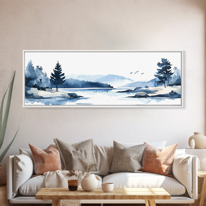 Blue Winter Lake And Pine Trees Wall Art, Watercolor Mountain Landscape Print, Coastal Cabin Decor, Serene Living Room Art