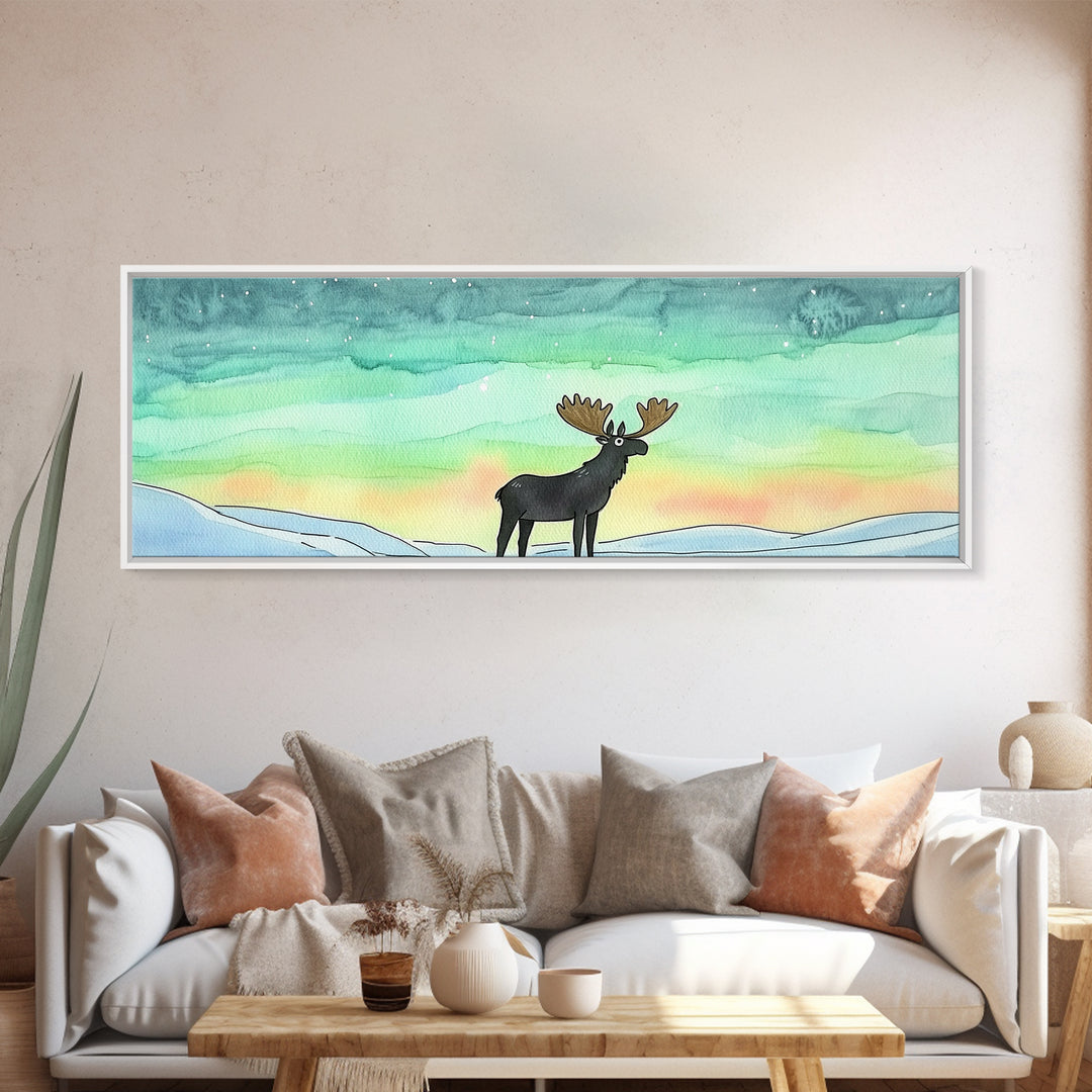 Moose Beneath Northern Lights Framed Canvas Print, Aurora Borealis Wall Art, Winter Wildlife Decor, Cabin Nursery Art Gift