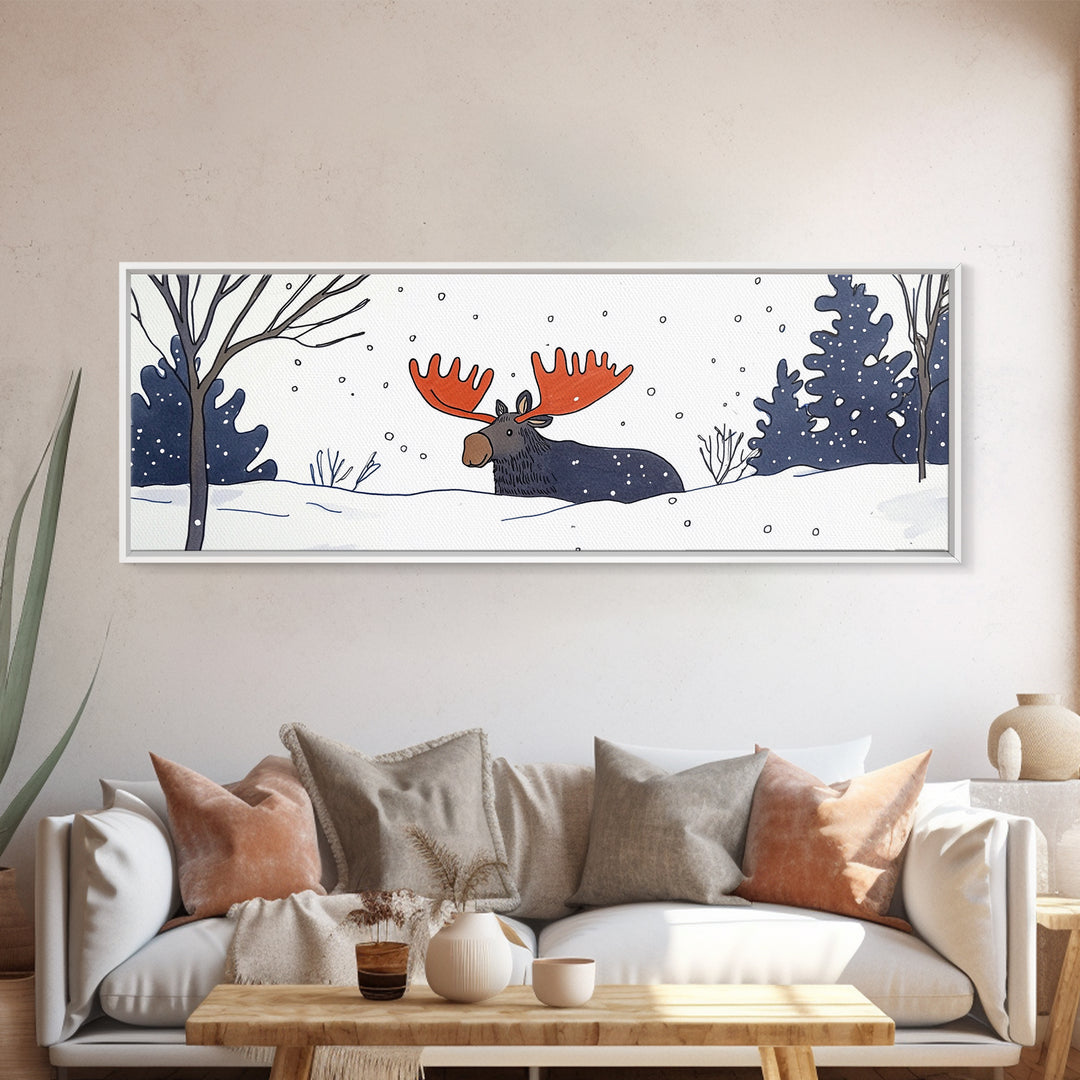 Whimsical Moose In Falling Snow Wall Art, Winter Animal Canvas Print, Cute Nursery Room Decor, Woodland Cabin Gift For Kids