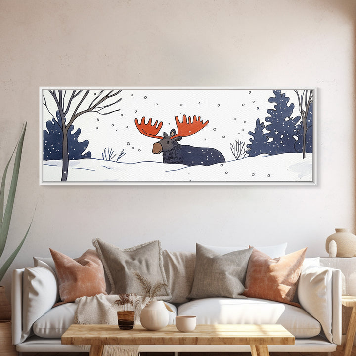 Whimsical Moose In Falling Snow Wall Art, Winter Animal Canvas Print, Cute Nursery Room Decor, Woodland Cabin Gift For Kids