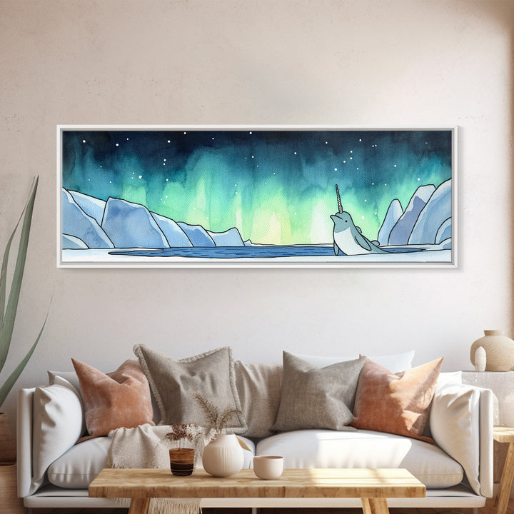 Narwhal In Icy Arctic Waters Wall Art, Northern Lights Ocean Print, Whimsical Nursery Decor, Coastal Kids Room Art Gift