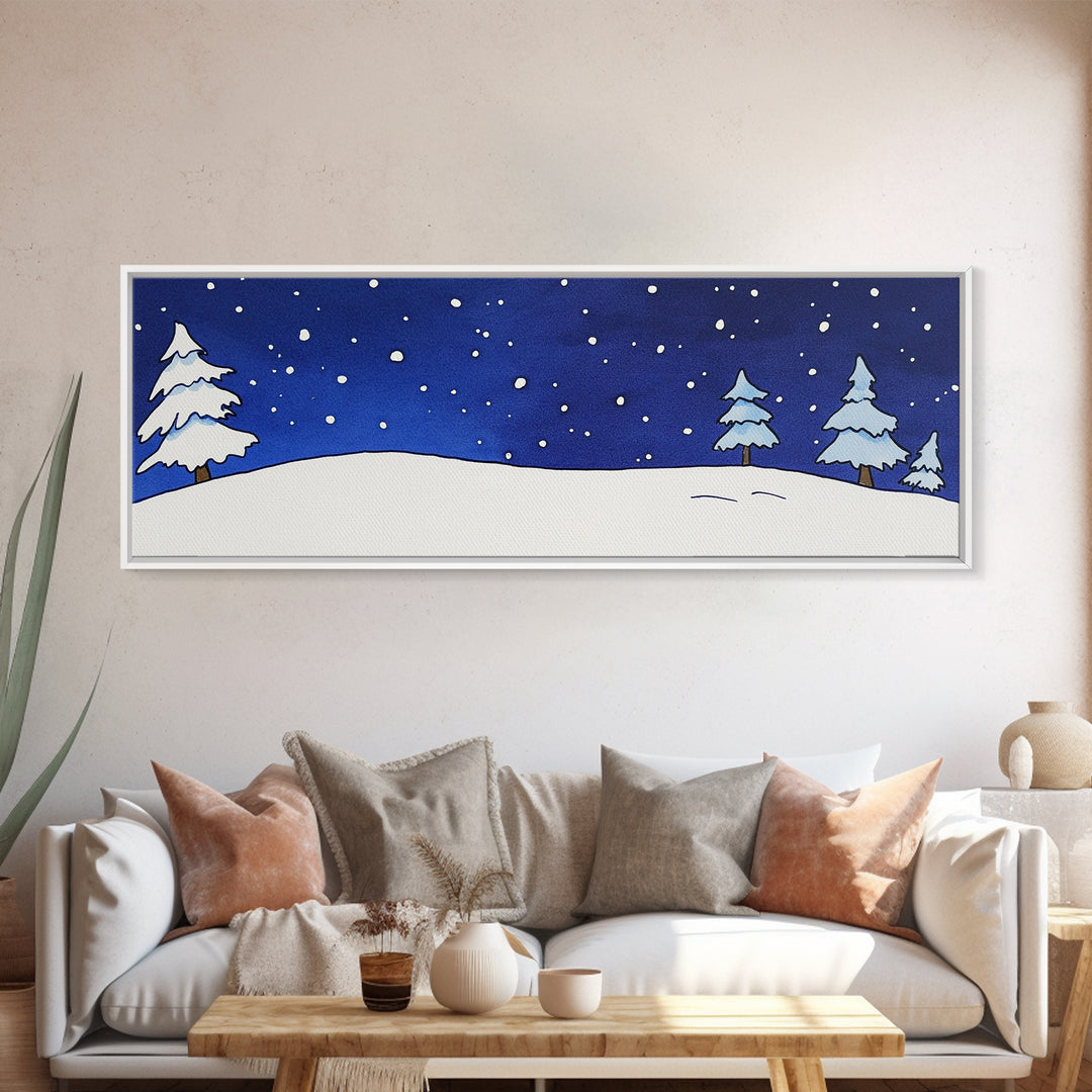 Snowy Pine Hill Under Starry Night Canvas Print, Minimal Winter Landscape, Nursery Wall Art, Cozy Bedroom Decor Gift Idea