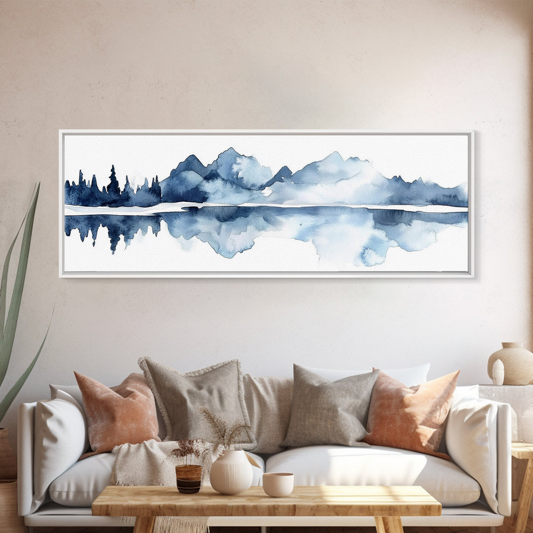 Blue Mountain Lake Reflection Canvas Print, Watercolor Landscape Wall Art, Modern Coastal Decor, Calm Living Room Art Print