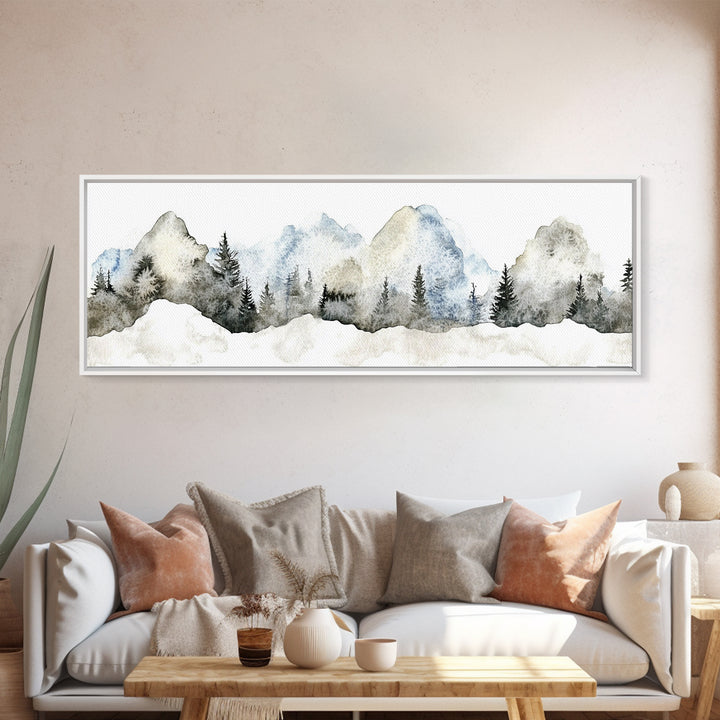 Misty Blue Mountains With Evergreen Pines Wall Art, Watercolor Landscape Print, Neutral Nature Decor, Japandi Bedroom Art