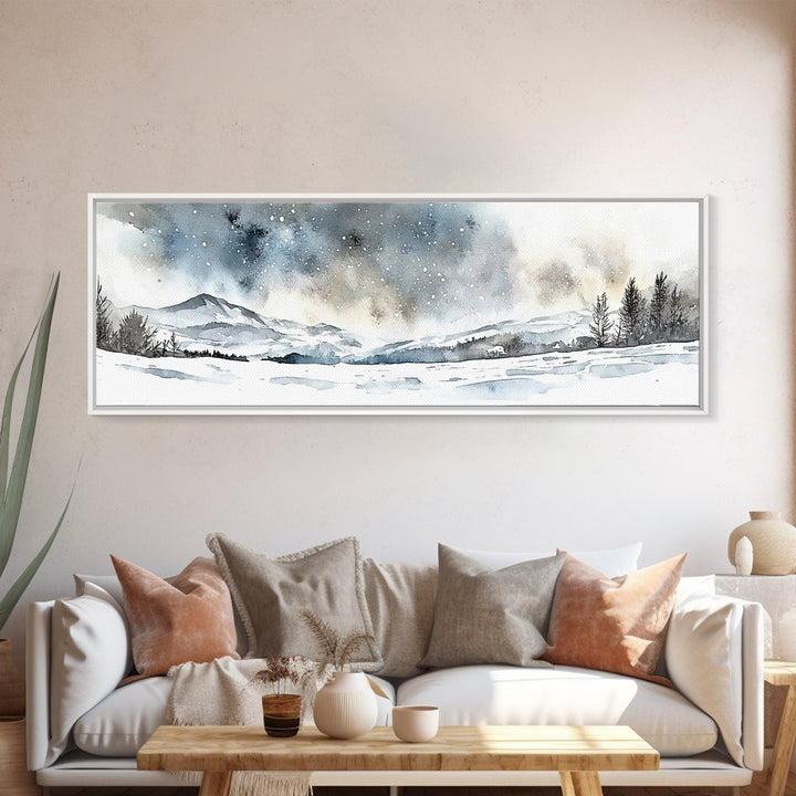 Snowy Mountain Valley Beneath Starry Sky Wall Art, Winter Landscape Painting, Rustic Nature Decor, Cabin Wall Decor Gift