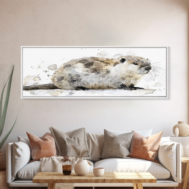 Cute River Otter In Snow Canvas Print, Watercolor Animal Art, Woodland Nursery Decor, Wildlife Wall Art, Housewarming Gift
