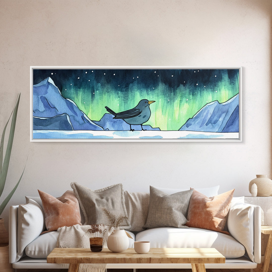 Aurora Bird On Snowy Arctic Mountains Canvas Print, Northern Lights Wall Art, Whimsical Animal Nursery Decor, Winter Gift