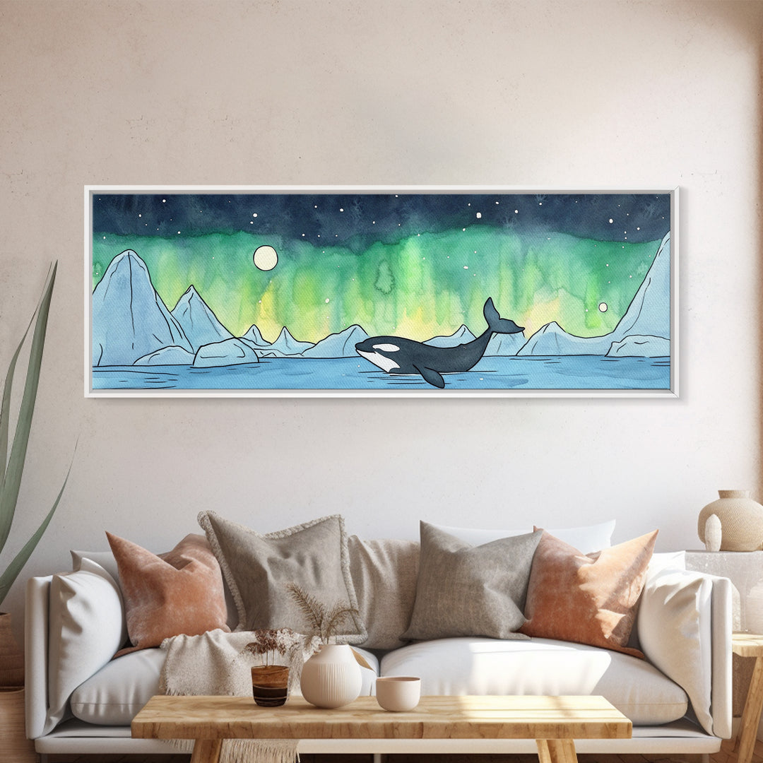 Orca Whale Under Northern Lights Wall Art, Arctic Seascape Canvas Print, Ocean Animal Art, Nautical Nursery Decor Gift Idea