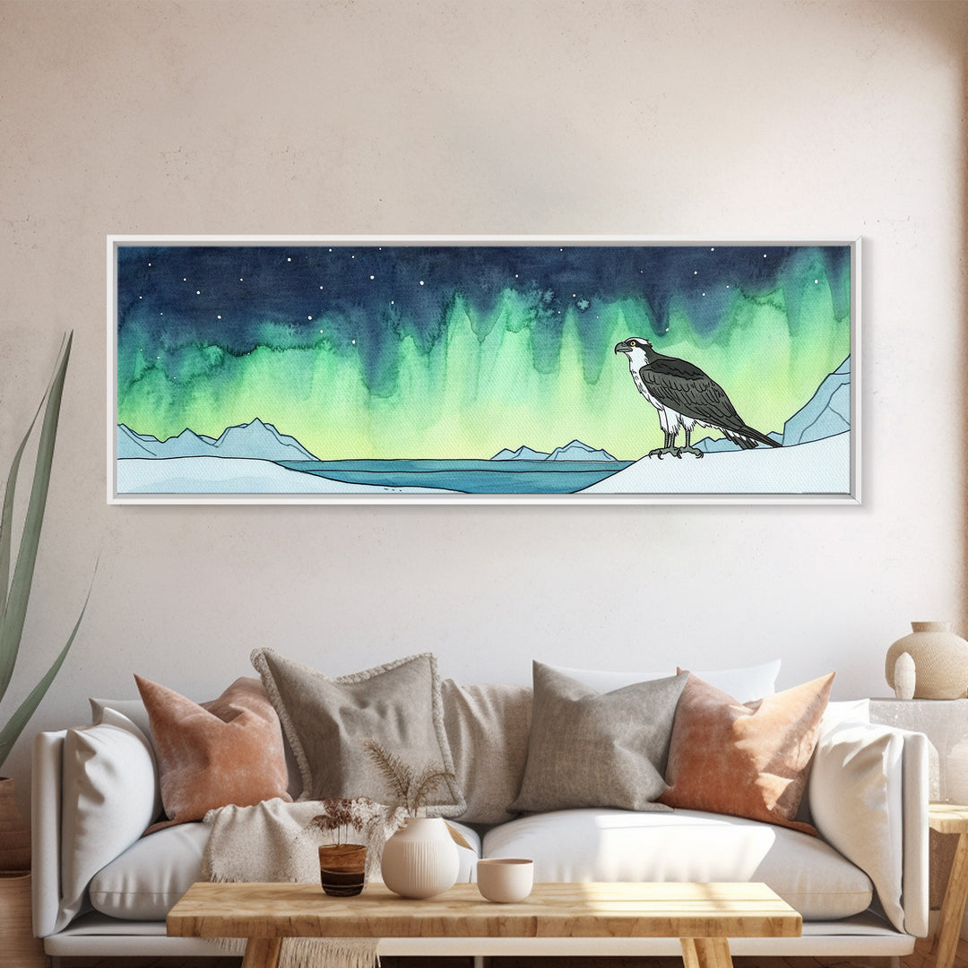 Osprey Over Icy Shore And Northern Lights Wall Art, Arctic Bird Canvas Print, Wildlife Nature Decor, Rustic Cabin Gift For Him