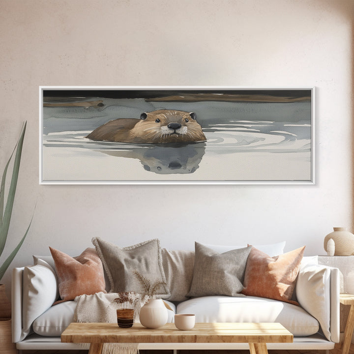 Swimming Otter In Moody Water Wall Art, Wildlife Canvas Print, Cozy Cabin Rustic Lake House Decor, Animal Lover Gift For Her