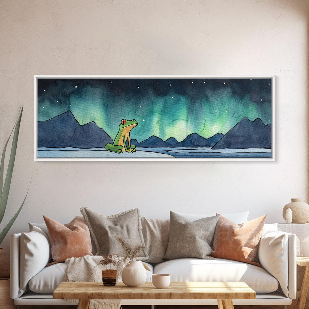Green Frog Under Northern Lights Wall Art, Whimsical Animal Print, Mountain Lake Nursery Decor, Kids Room Wall Decor Gift