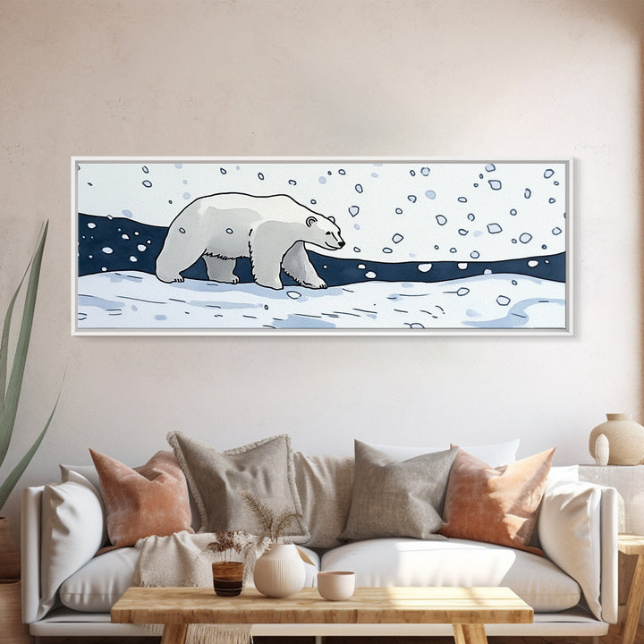 Polar Bear Walking In Falling Snow Canvas Print, Arctic Animal Wall Art, Winter Nursery Decor, Kids Room Wall Decor, Cabin Gift For Her
