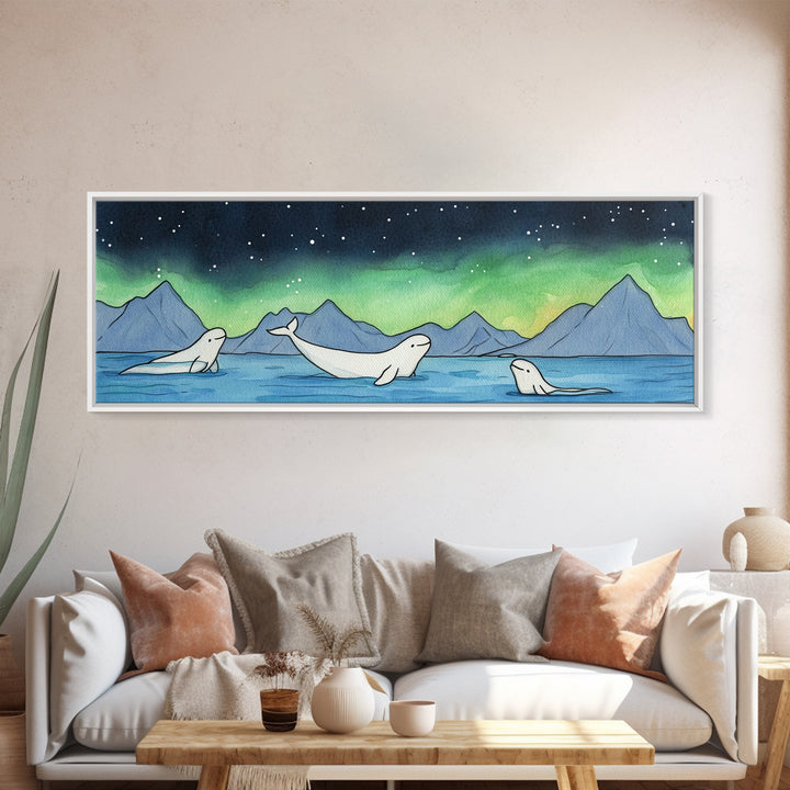 Beluga Whales Under Northern Lights Wall Art, Arctic Ocean Canvas Print, Wildlife Nursery Decor, Coastal Kids Room Art Print