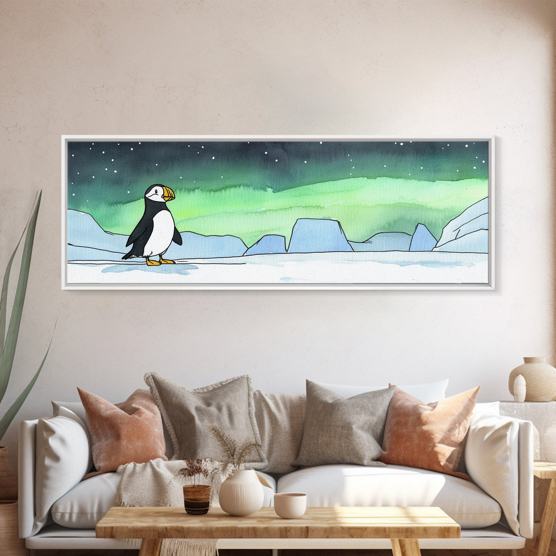 Puffin On Icy Shore Under Northern Lights Wall Art, Arctic Bird Canvas Print, Wildlife Nursery Decor, Coastal Wall Decor