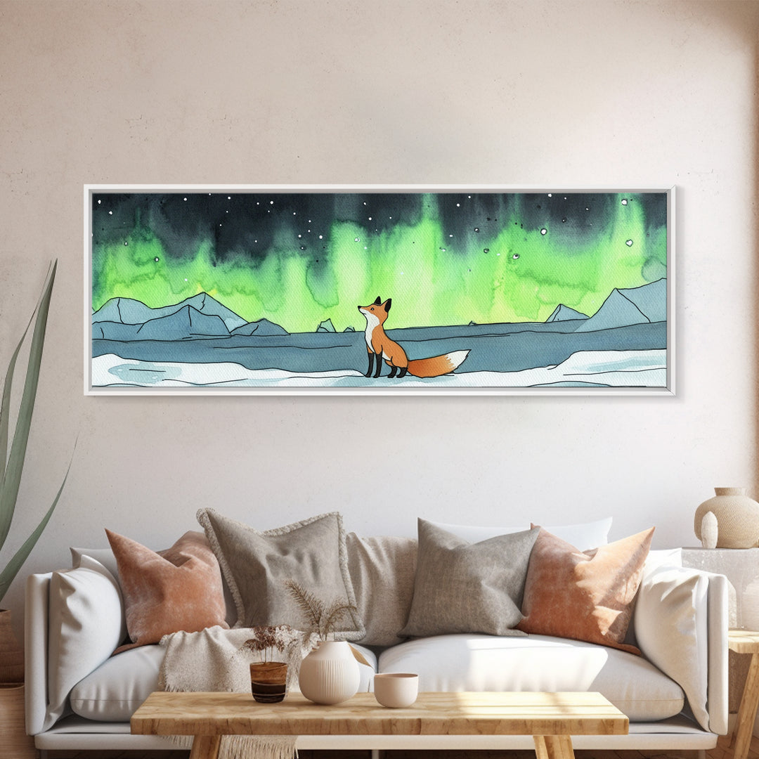 Fox Watching Northern Lights Wall Art, Arctic Wildlife Canvas Print, Woodland Animal Nursery Decor, Winter Landscape Print