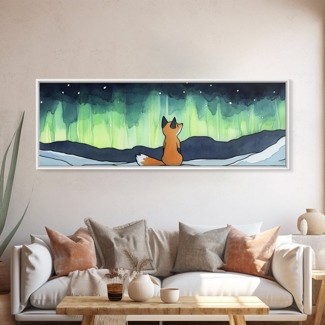 Fox Beneath Aurora Borealis Canvas Print, Winter Woodland Wall Art, Arctic Animal Decor, Cozy Nursery Art Print, Kids Room Decor