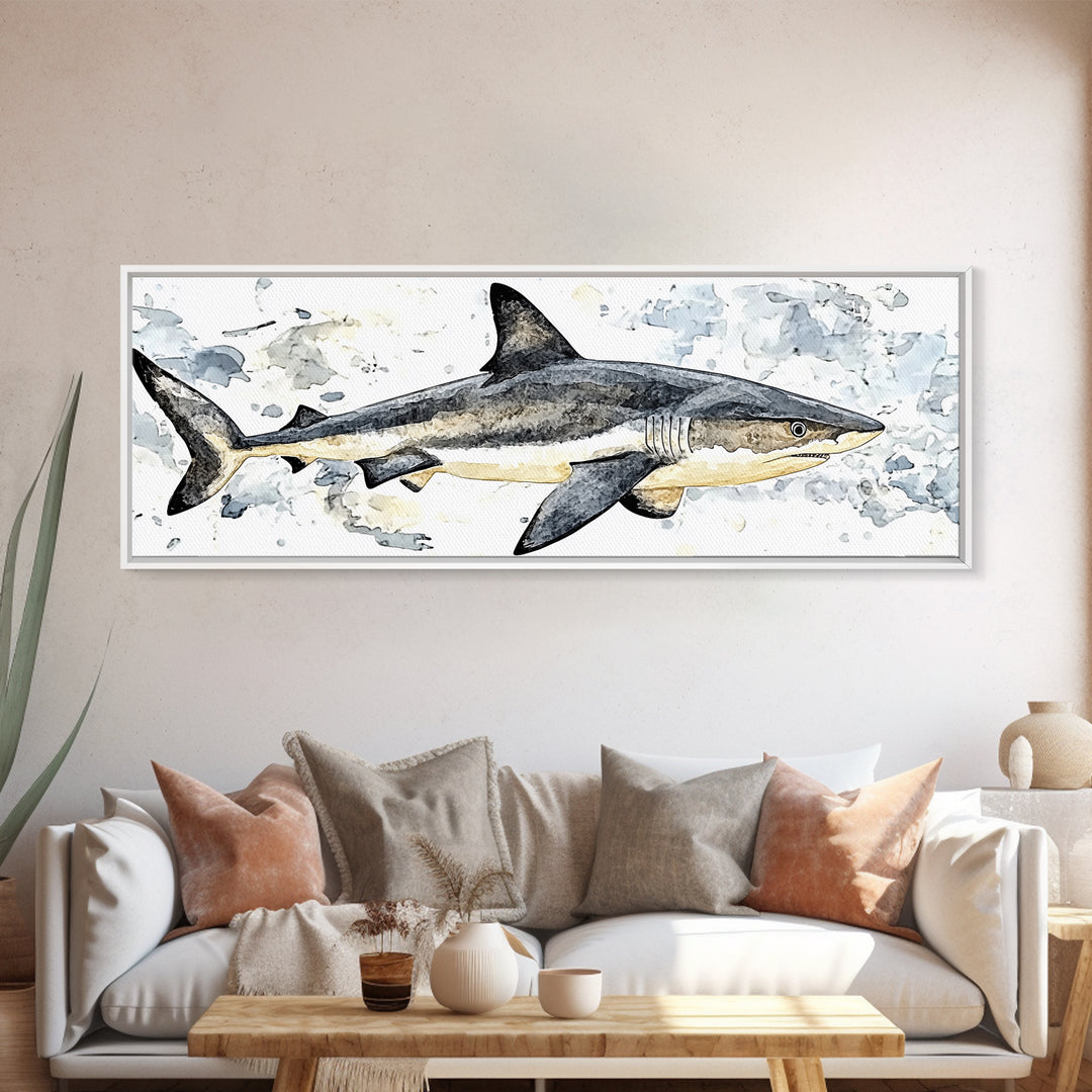 Great White Shark Watercolor Canvas Print, Ocean Wildlife Wall Art, Nautical Bathroom Decor, Coastal Kids Room Art Print