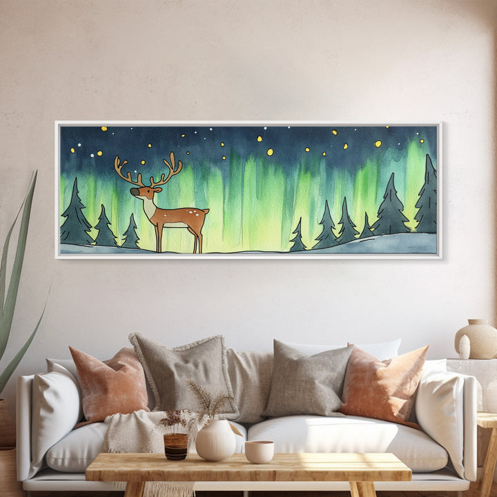 Deer Under Northern Lights Wall Art, Winter Forest Canvas Print, Rustic Wildlife Decor, Woodland Nursery Art Print, Cabin Wall Decor